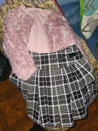 Conjunto Casaco e Saia Menina Rosa e Xadrez