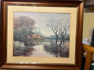 Cuadro paisaje río y barcas