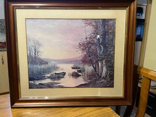 Cuadro paisaje río y barcas