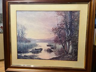 Cuadro paisaje río y barcas