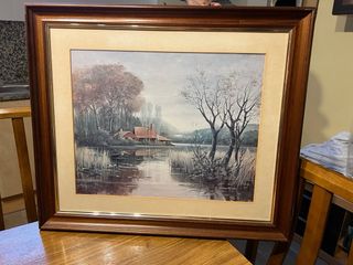 Cuadro paisaje río y barcas