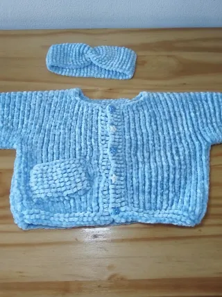 Casaco Bebé Tricot Azul + Fita Cabelo