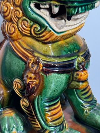 Figura Perro Foo grande Cerámica Verde y Naranja