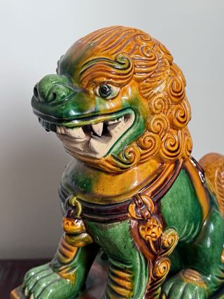 Figura Perro Foo grande Cerámica Verde y Naranja
