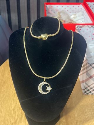 Conjunto Collar y Pulsera Oro 14k Luna y Estrella