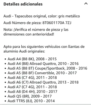 Tapas Originales Audi 8T0.601.170 A Dos unidades.