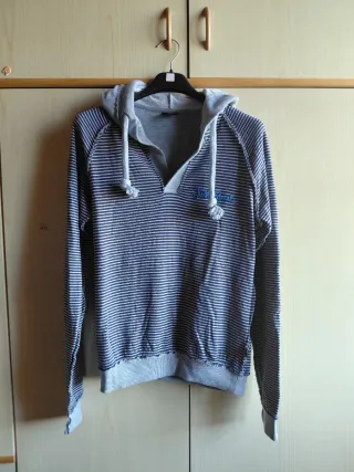 Felpa ragazzo a righe grigio/blu cappuccio