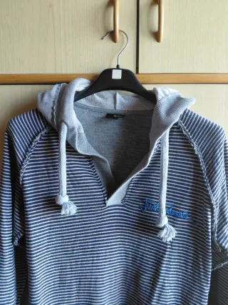 Felpa ragazzo a righe grigio/blu cappuccio