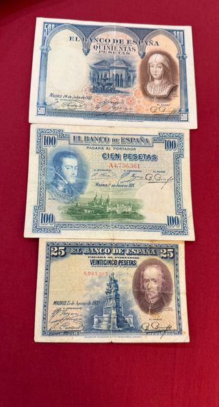 3 Billetes Españoles Ptas Con Sello En Seco
