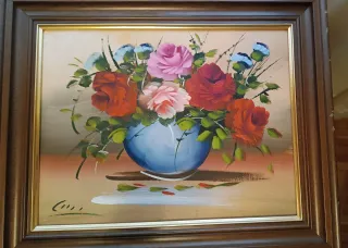 Cuadro de flores en jarrón azul