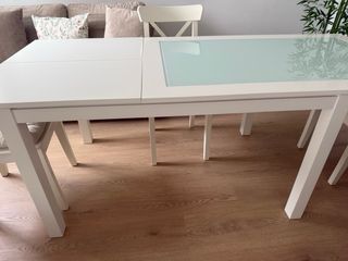 Mesa Comedor Madera y Cristal Blanca Extensible