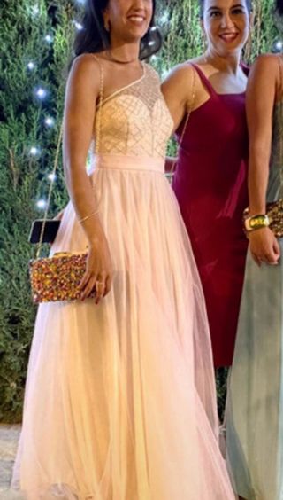 Vestido de fiesta largo rosa y dorado