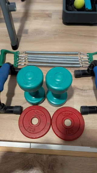 Equipo de gimnasio: mancuernas, barras y discos