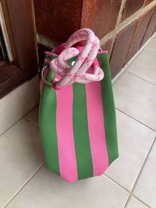 Bolso de mano en tela estilo vintage rosa y verde