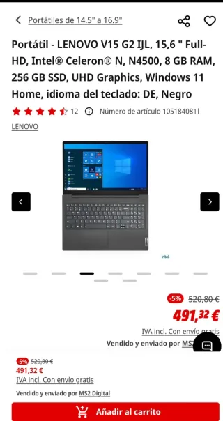Portátil LENOVO V15 G2 IJL 256GB intel Celeron