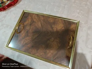 Bandeja madera cristal asas doradas