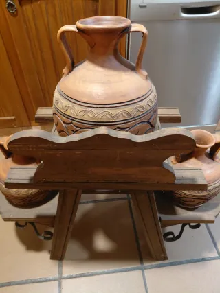 Juego de 3 jarrones de terracota y madera