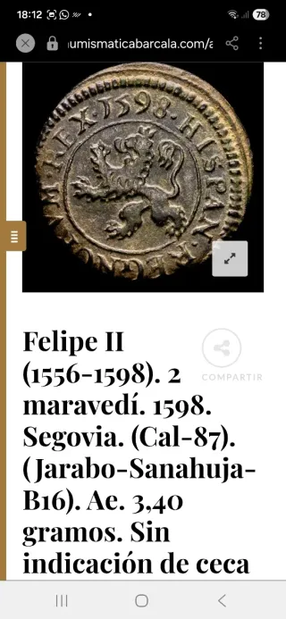 Moneda 2 Maravedís Felipe II 1598 Segovia OMNIVM