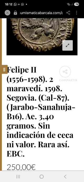 Moneda 2 Maravedís Felipe II 1598 Segovia OMNIVM