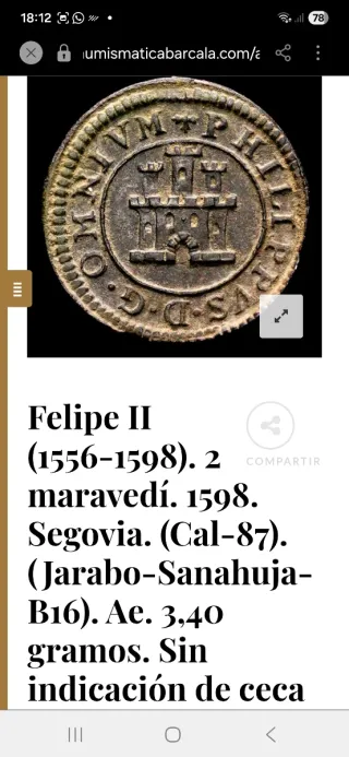 Moneda 2 Maravedís Felipe II 1598 Segovia OMNIVM