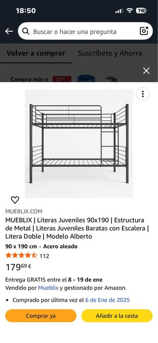 Litera Juvenil Mueblix 90x190 Metal