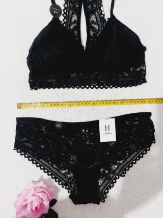 Conjunto Lencería Encaje Negro M/L