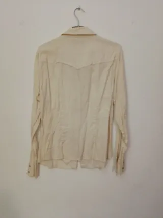 Blusa mujer popelín de algodón beige con volantes