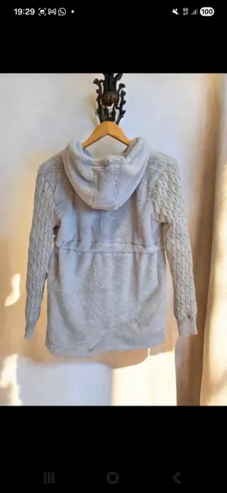 Cappotto teddy grigio/azzurro con cappuccio