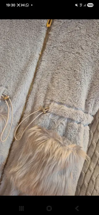 Cappotto teddy grigio/azzurro con cappuccio