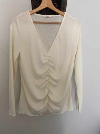 Top canalé beige manga larga