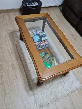 Mesa de centro madera maciza de roble y cristal