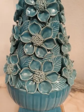 Lámpara Cerámica Manises azul Flores base pan oro