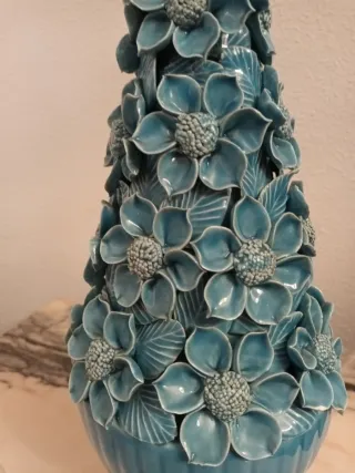 Lámpara Cerámica Manises azul Flores base pan oro