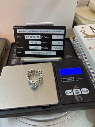 Anillo Oro 18k Aguamarina y Diamantes 8.35g