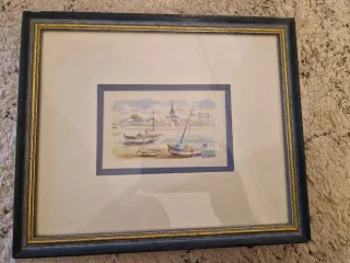 Cuadro acuarela barcos y pueblo