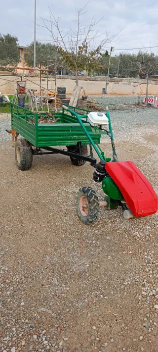 Motocultor con remolque verde