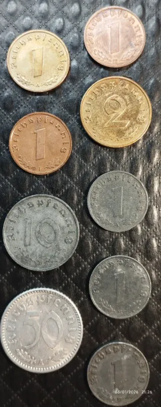 9 Monete antiche del Terzo Reich tedesco, 2GM