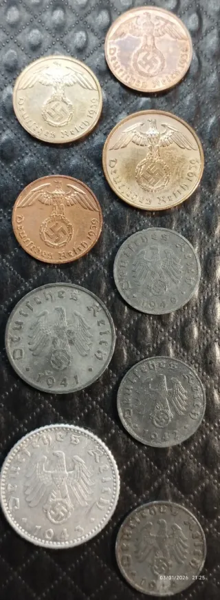 9 Monete antiche del Terzo Reich tedesco, 2GM