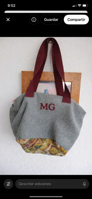 Bolso de tela cuadros con asas de cuero