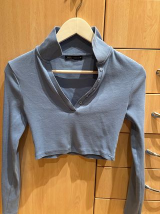 Top Zara Manga Larga Azul Botones