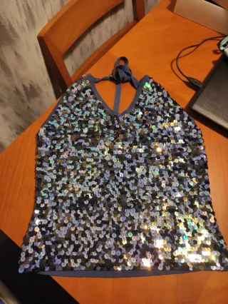 Top lentejuelas azul halter