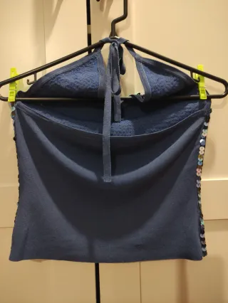 Top lentejuelas azul halter