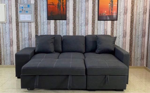 Sofá cama chaise longue con arcón + Puff + Cojines