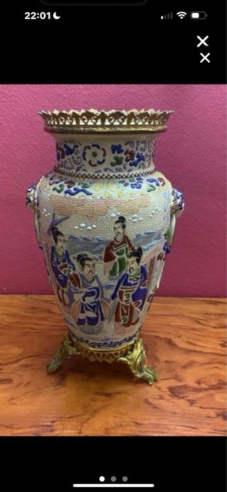 Jarrón Chino Antiguo Cerámica y Metal