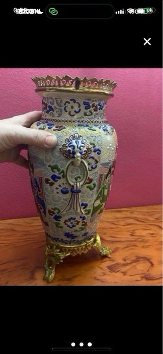 Jarrón Chino Antiguo Cerámica y Metal