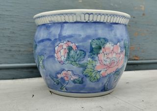 Jarrón Cerámica Artesanal Flores Azul Rosa