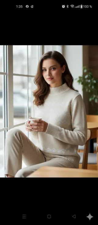 Jersey lana beige cuello caja con senefas blanca