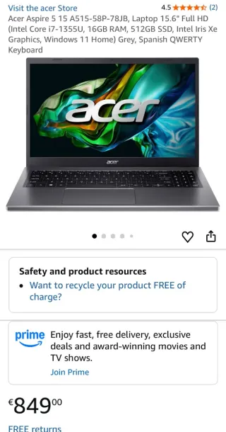 Portátil Acer Aspire 5 15 512GB Intel i7 15.6 FHD