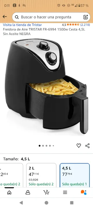 Freidora Aire Tristar FR-6994 1500w de 4,5 litros