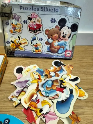 Lote 4 juegos madera cohete, dominó, puzzle, pesca